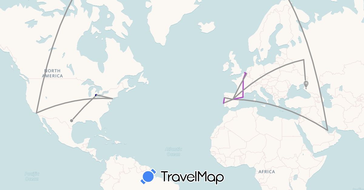 TravelMap itinerary: driving, plane, train in Belgium, Spain, France, Portugal, Qatar, Russia, United States (Asia, Europe, North America)